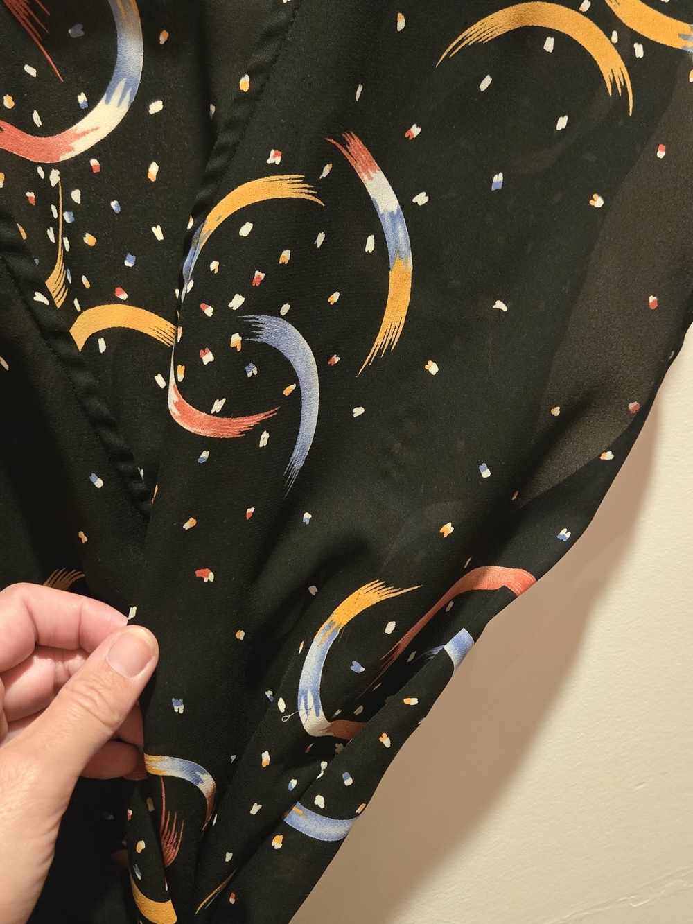 Lux Black Wrap Mini Dress with Orange, Yellow and Blue Crescent Print - Picture 4 of 6